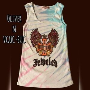 03’ Oliver LA Boutique Beaded Tie Dye Biker Wife Beater Tank Top sz M VGUC-EUC